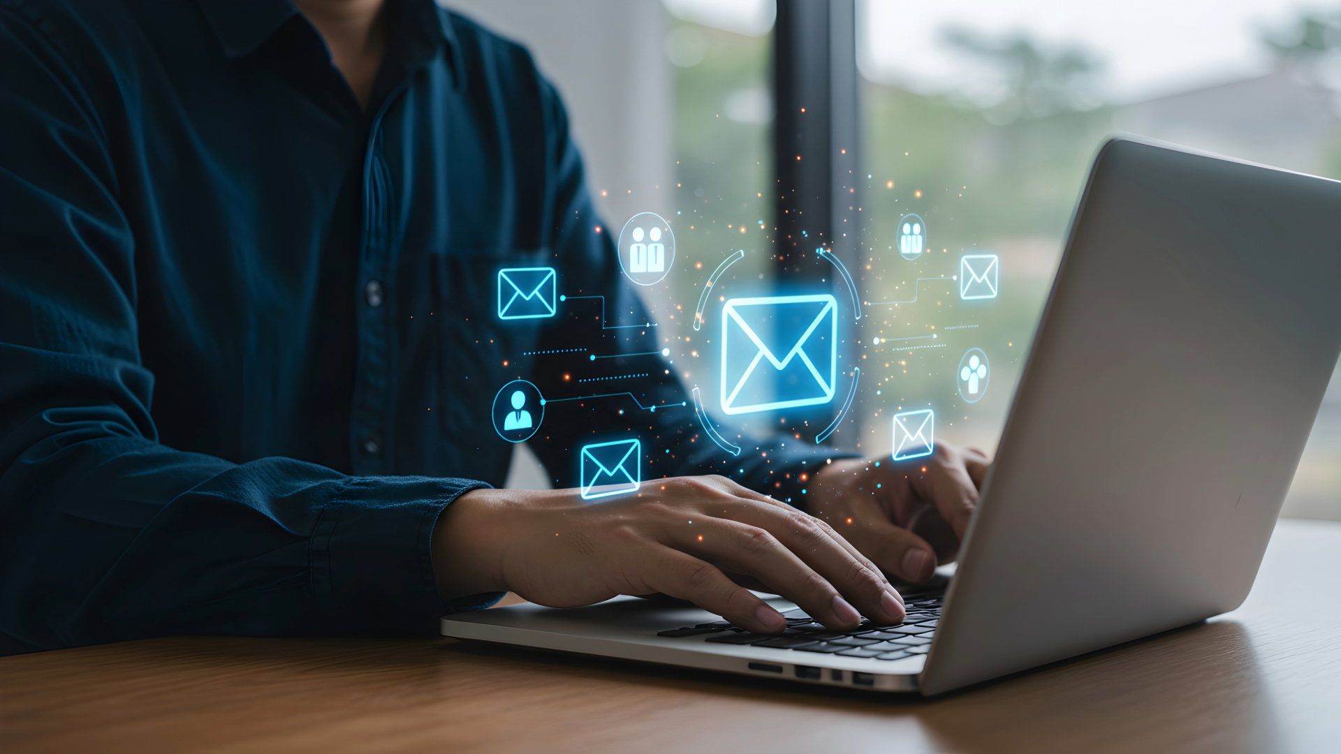Someone typing on a laptop with email icons hovering above the keyboard
